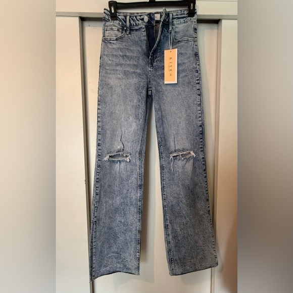 Risen Medium Wash High Waist, Straight-Side Slit Jeans, NWT, Distressed - Picture 2 of 8